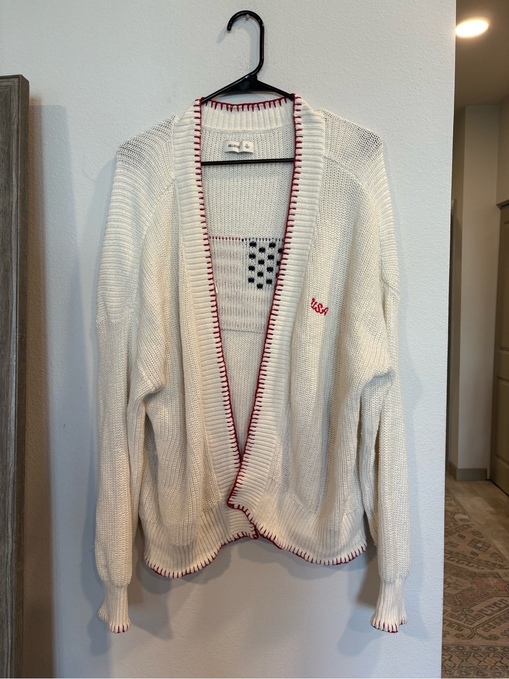 Hollister USA Flag Whipstitch No-Close Cardigan Size XL